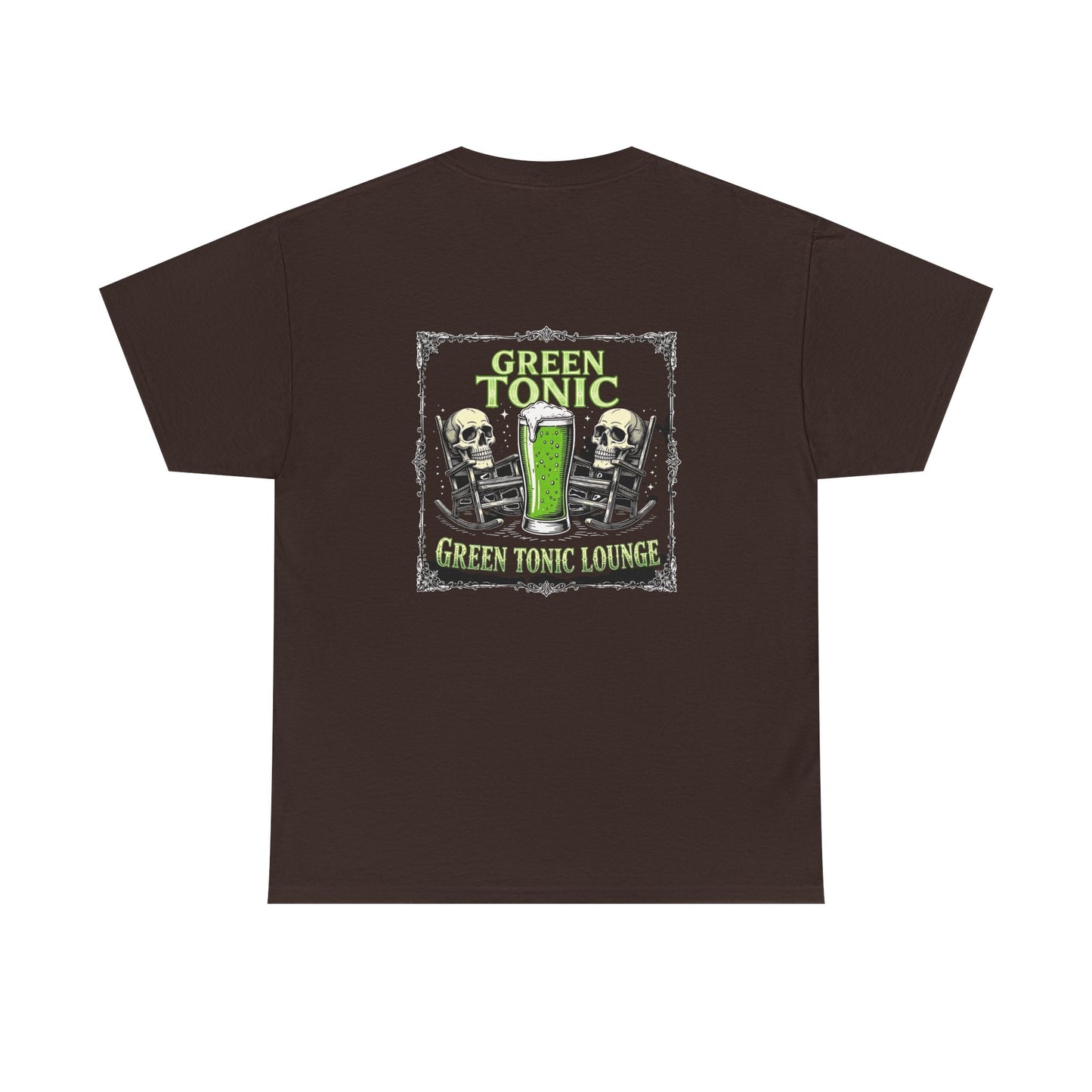 Green Tonic Lounge Tee | Two Skulls | Rocking Chairs | Back of Shirt Graphic Design
