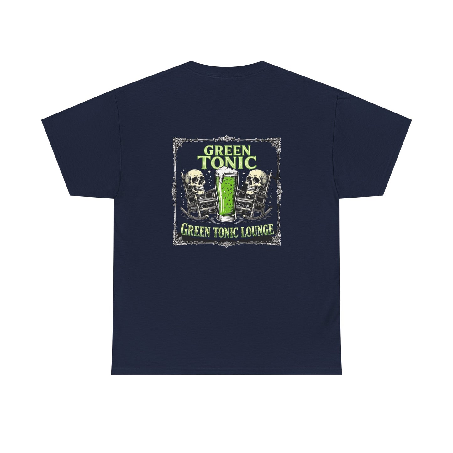 Green Tonic Lounge Tee | Two Skulls | Rocking Chairs | Back of Shirt Graphic Design