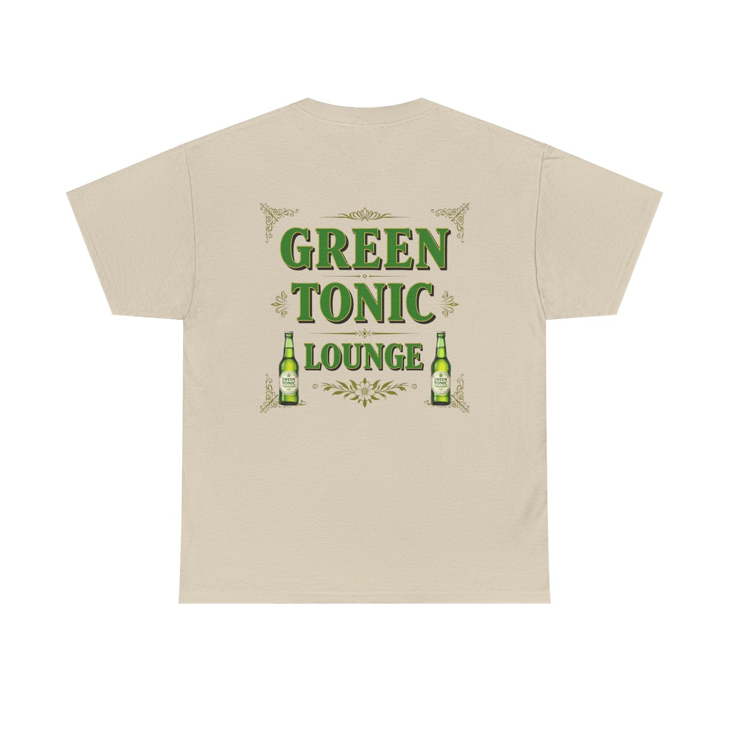 Green Tonic Lounge Tee | Bottles & Logo | Back of Shirt Graphic Design