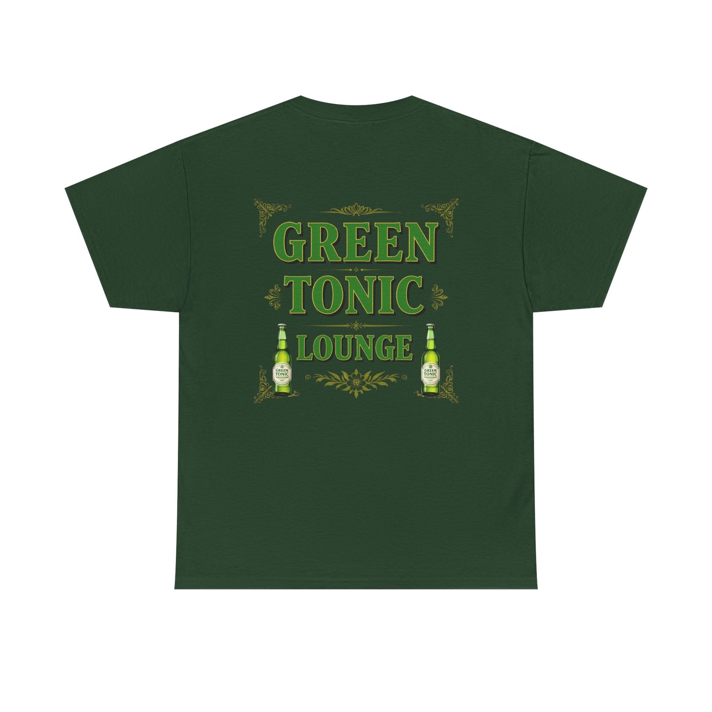 Green Tonic Lounge Tee | Bottles & Logo | Back of Shirt Graphic Design