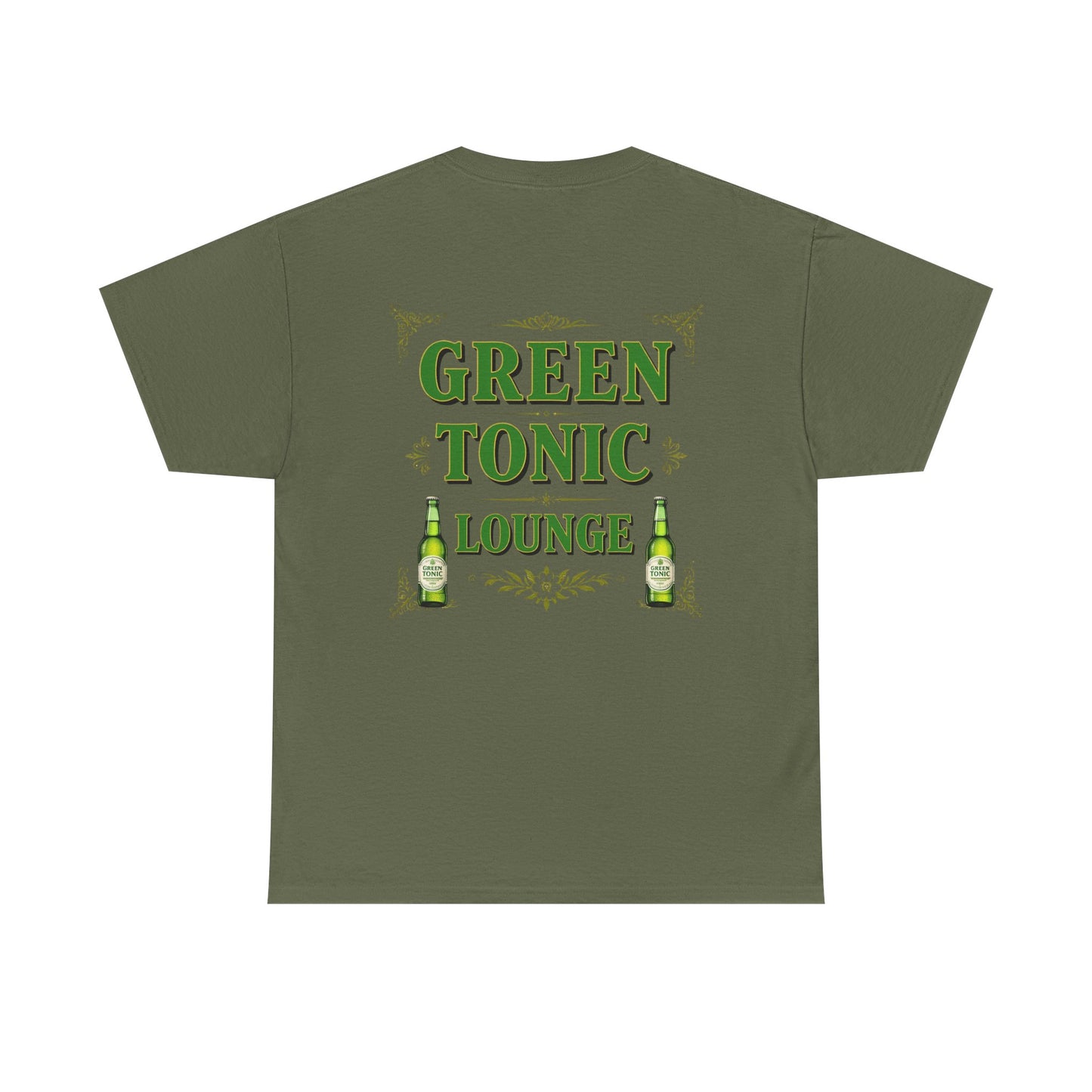 Green Tonic Lounge Tee | Bottles & Logo | Back of Shirt Graphic Design