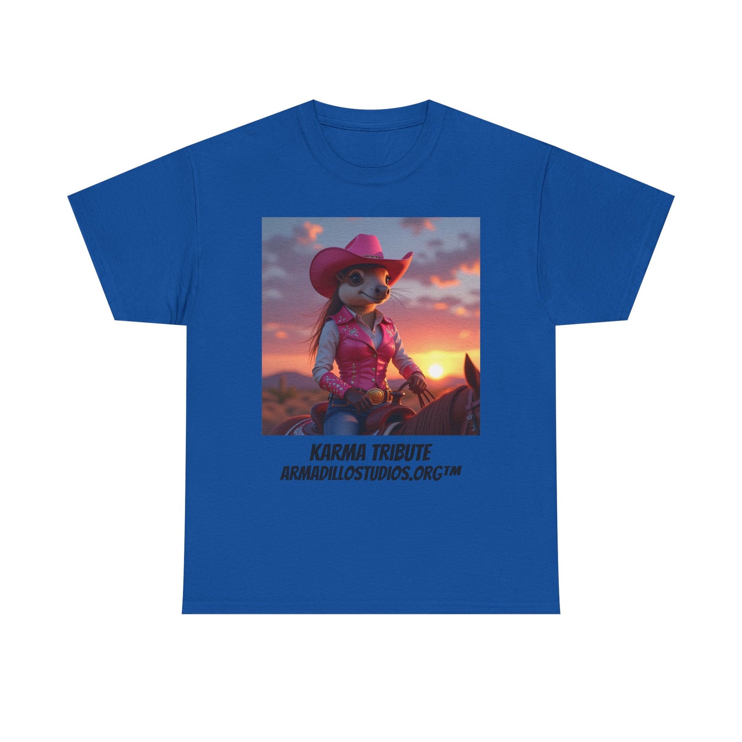 "Karma the Armadillo | Tribute | at sunset Tee Shirt | Her Edition | Western Style | with background"
