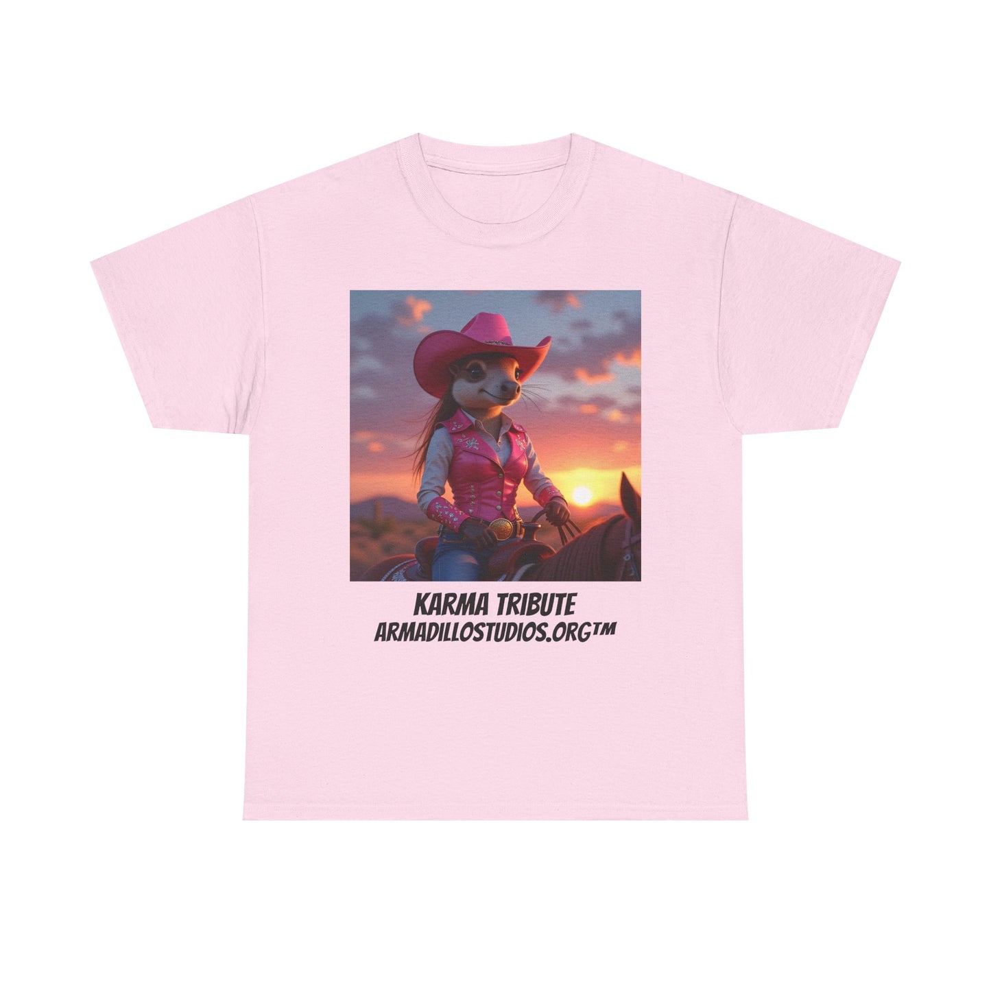 "Karma the Armadillo | Tribute | at sunset Tee Shirt | Her Edition | Western Style / No background"