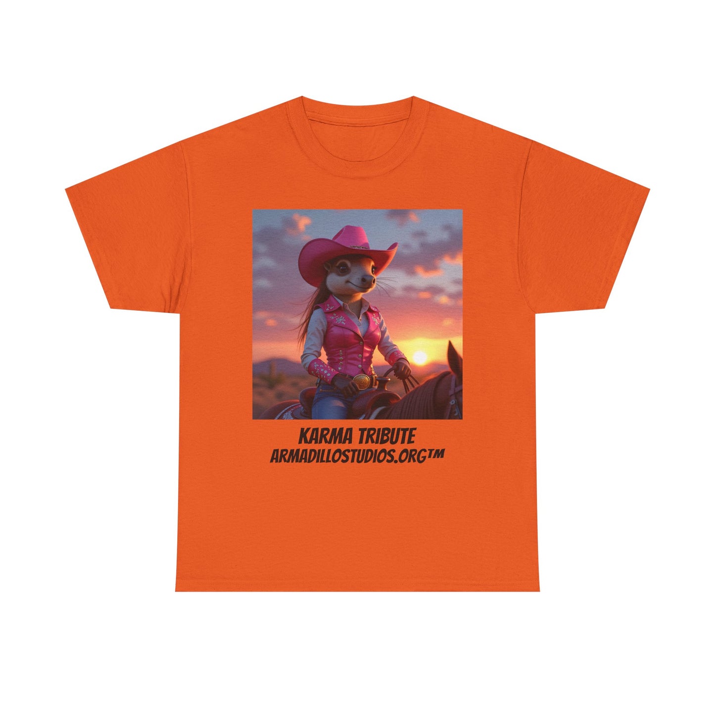 "Karma the Armadillo | Tribute | at sunset Tee Shirt | Her Edition | Western Style / No background"