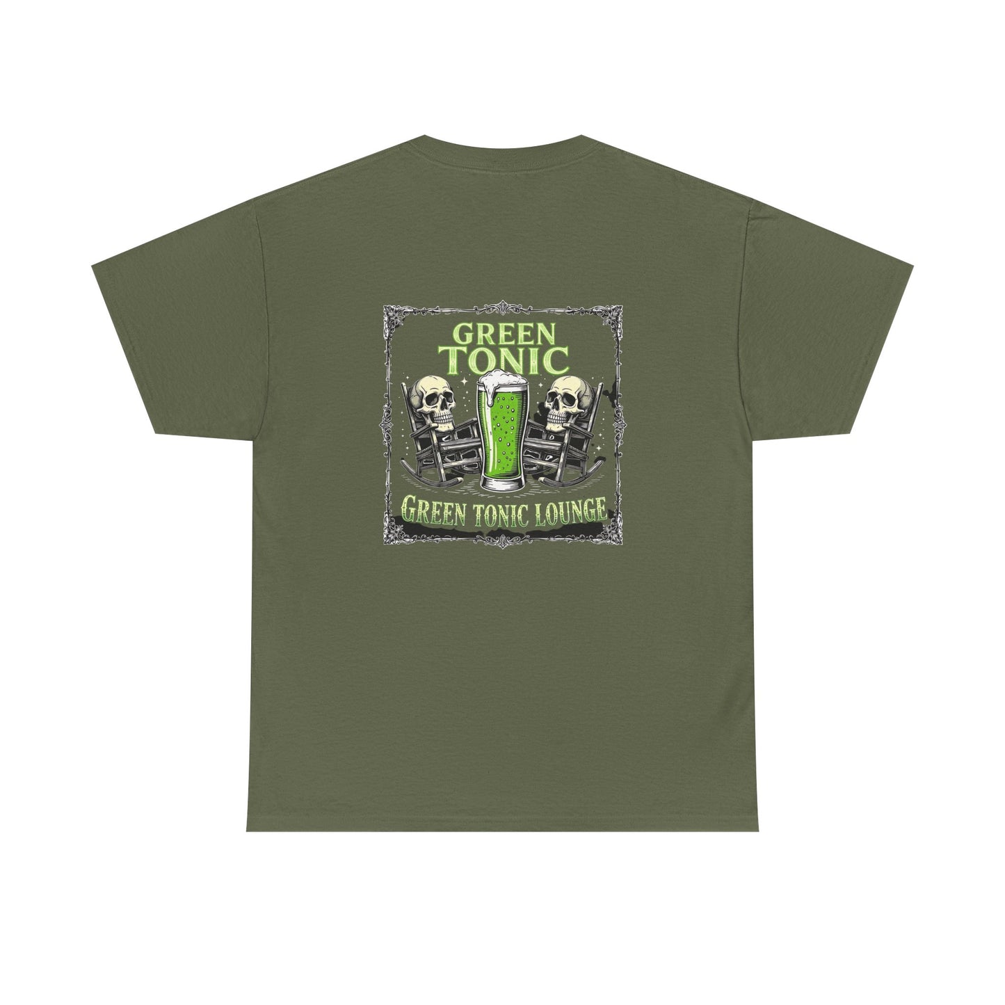 Green Tonic Lounge Tee | Two Skulls | Rocking Chairs | Back of Shirt Graphic Design