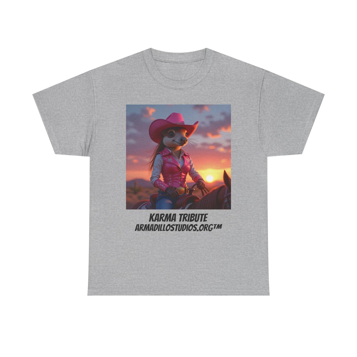 "Karma the Armadillo | Tribute | at sunset Tee Shirt | Her Edition | Western Style | with background"