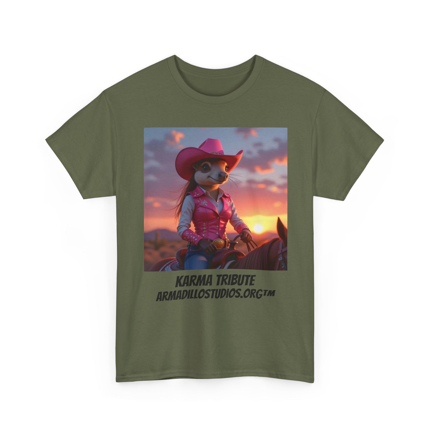 "Karma the Armadillo | Tribute | at sunset Tee Shirt | Her Edition | Western Style / No background"