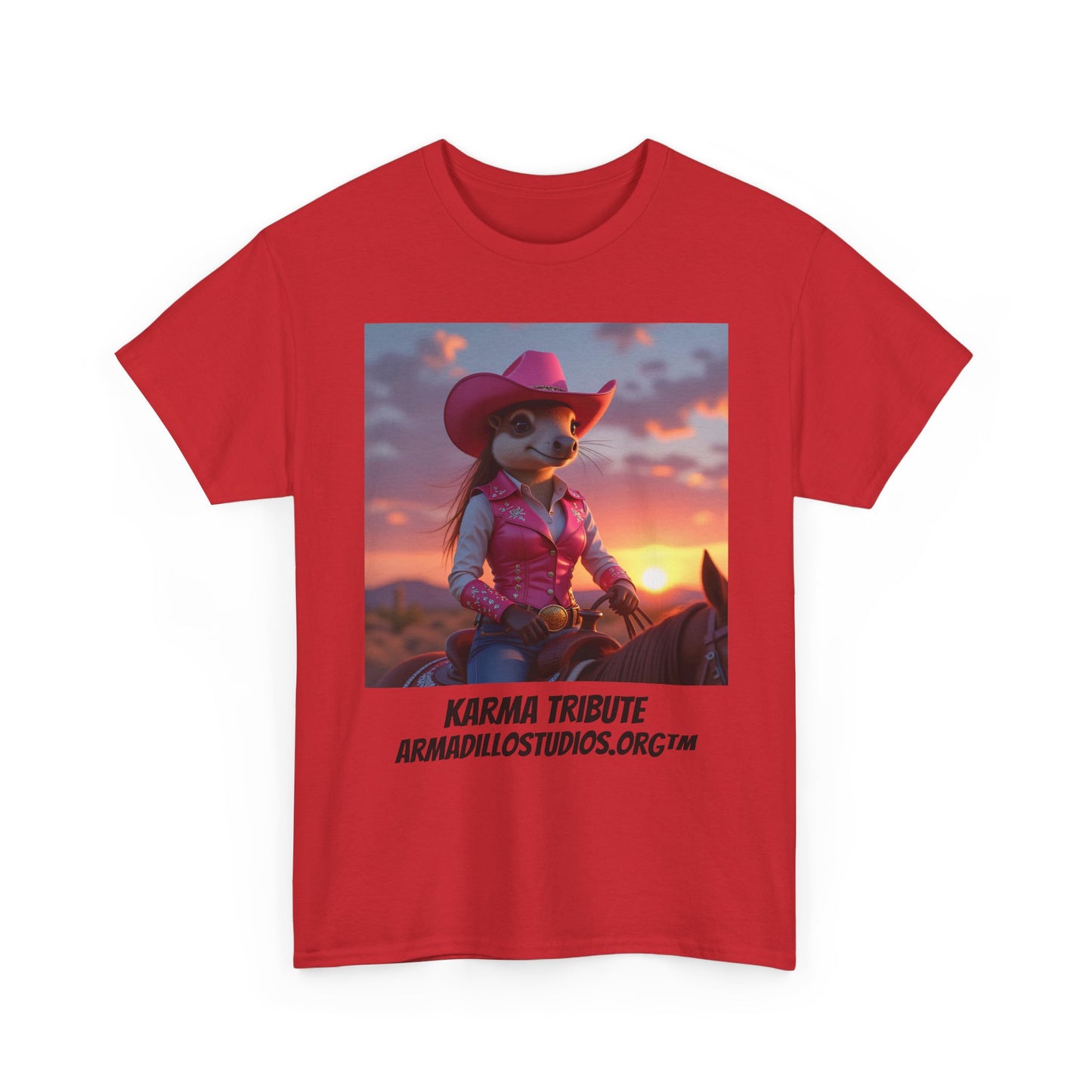 "Karma the Armadillo | Tribute | at sunset Tee Shirt | Her Edition | Western Style | with background"