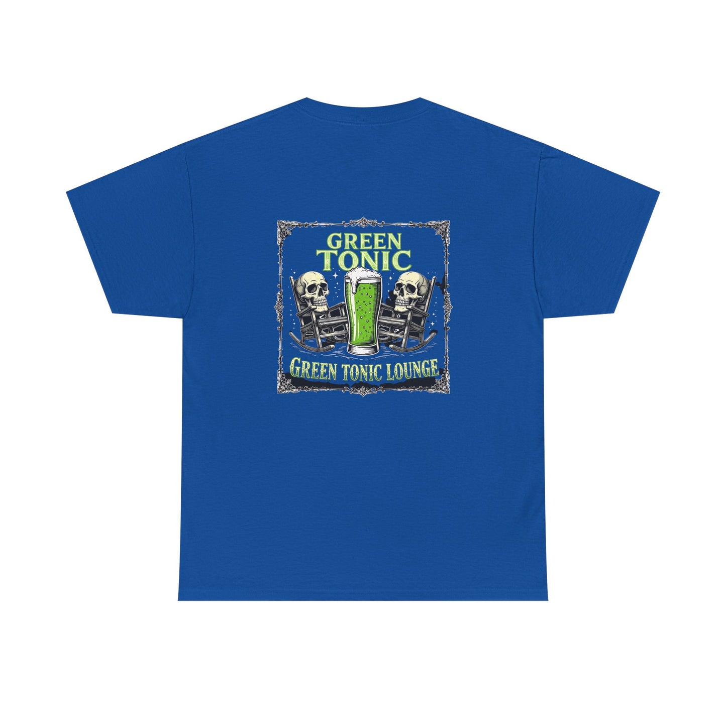 Green Tonic Lounge Tee | Two Skulls | Rocking Chairs | Back of Shirt Graphic Design
