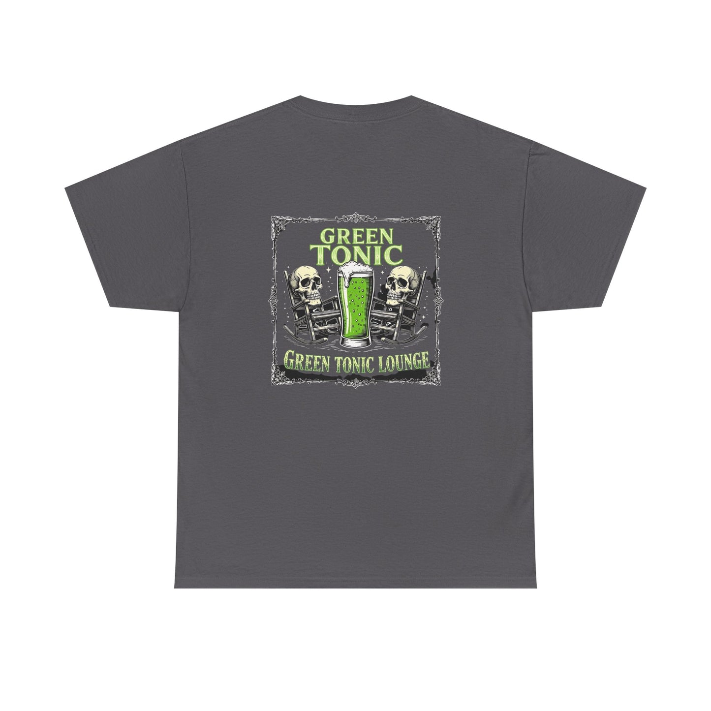 Green Tonic Lounge Tee | Two Skulls | Rocking Chairs | Back of Shirt Graphic Design