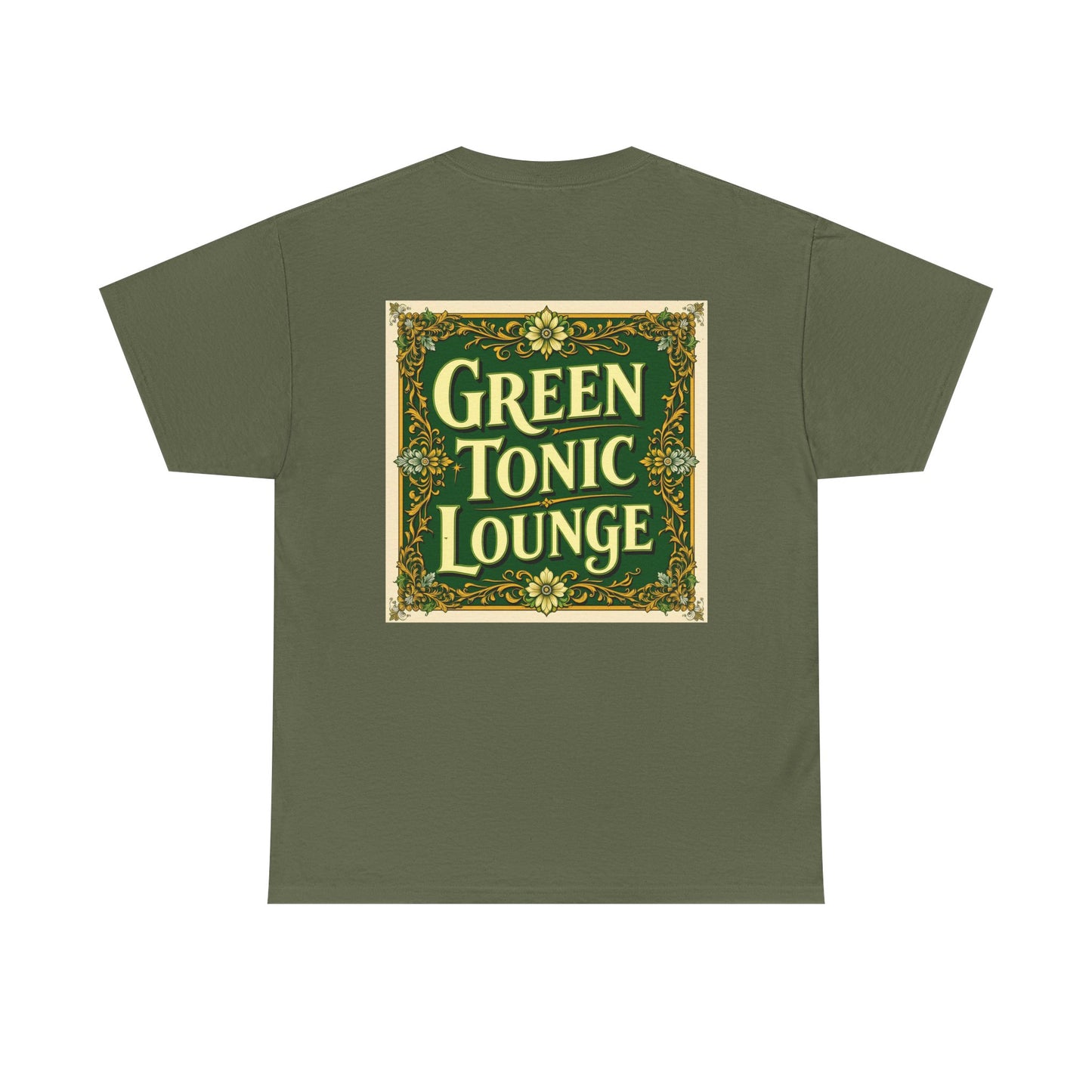 Green Tonic Lounge Tee | GTL Lettering & Art Deco Floral | Back of Shirt Graphic Design