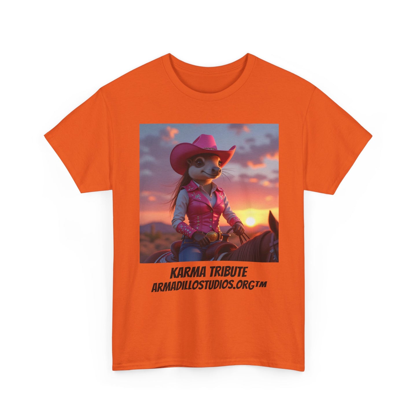 "Karma the Armadillo | Tribute | at sunset Tee Shirt | Her Edition | Western Style | with background"