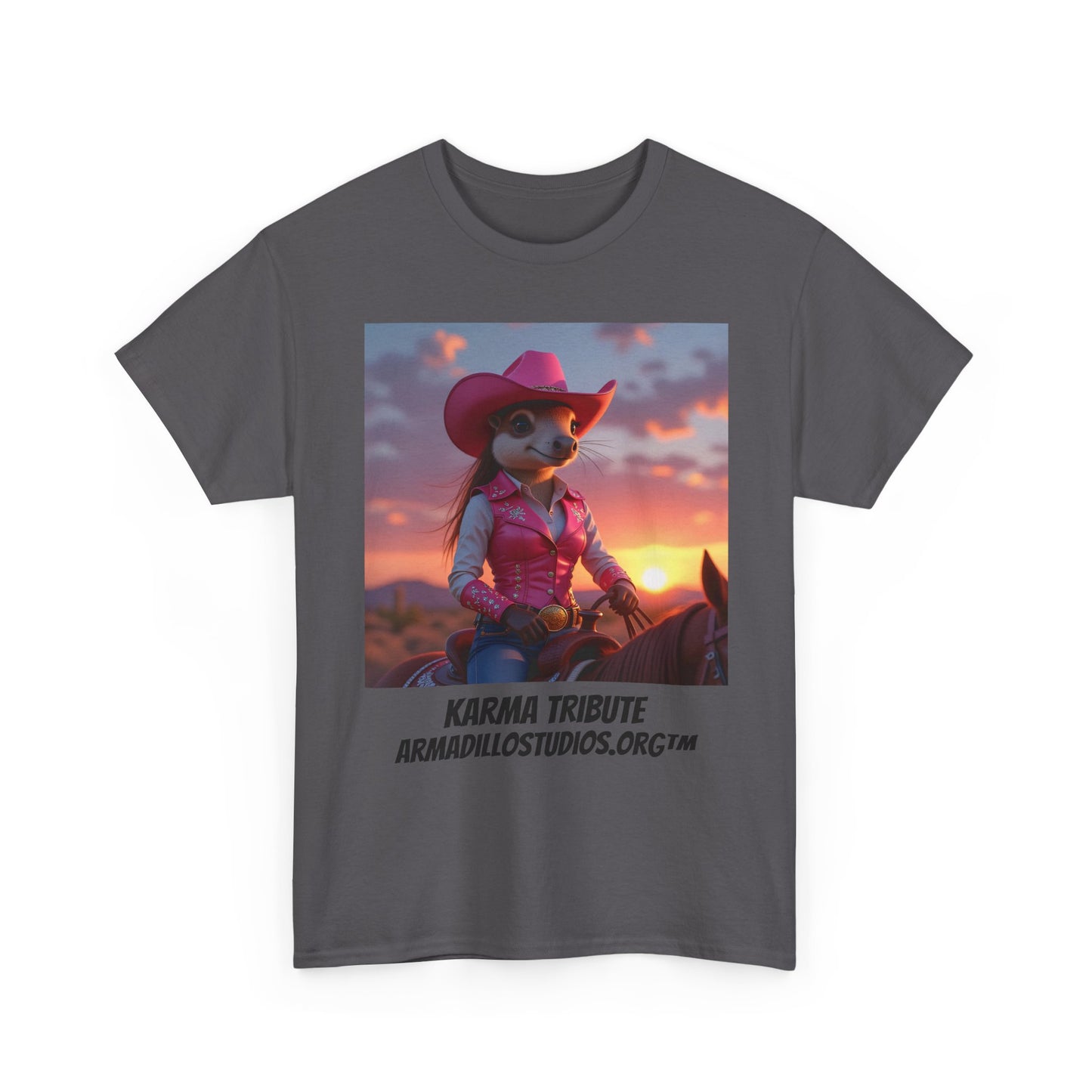"Karma the Armadillo | Tribute | at sunset Tee Shirt | Her Edition | Western Style / No background"