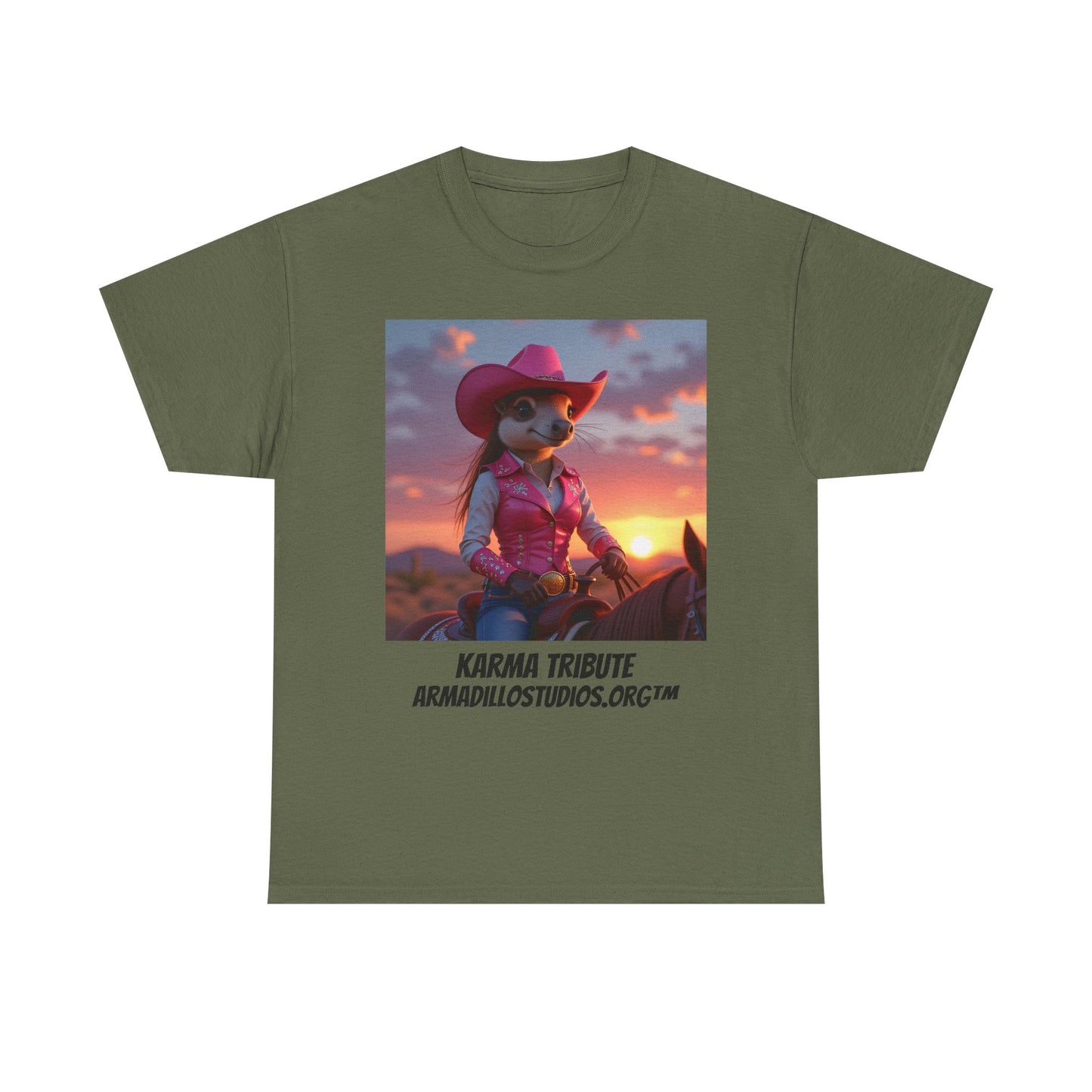 "Karma the Armadillo | Tribute | at sunset Tee Shirt | Her Edition | Western Style | with background"