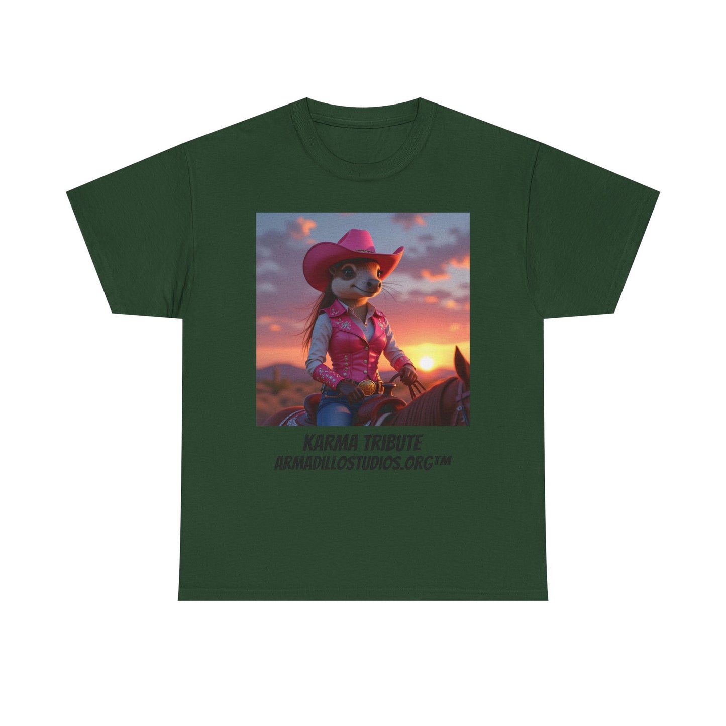 "Karma the Armadillo | Tribute | at sunset Tee Shirt | Her Edition | Western Style | with background"