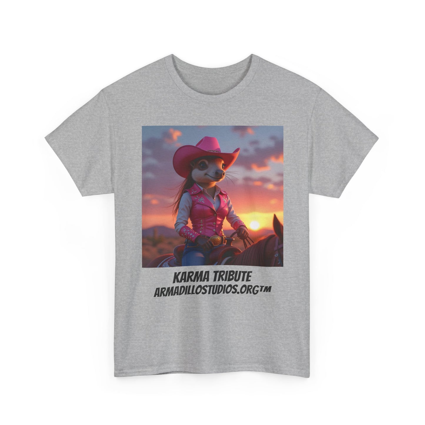 "Karma the Armadillo | Tribute | at sunset Tee Shirt | Her Edition | Western Style | with background"