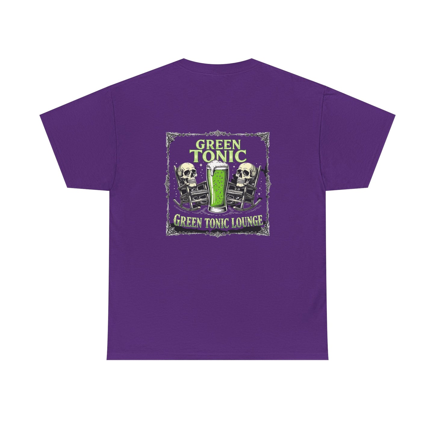 Green Tonic Lounge Tee | Two Skulls | Rocking Chairs | Back of Shirt Graphic Design