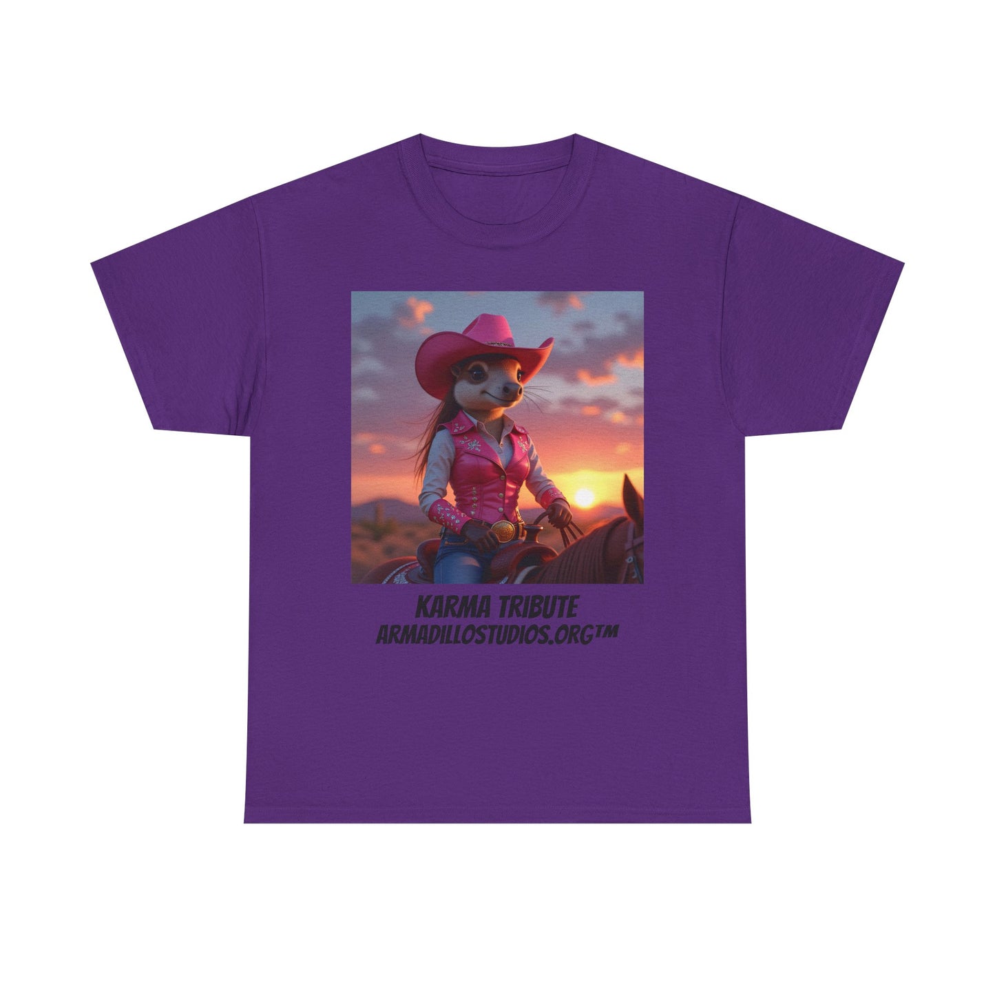 "Karma the Armadillo | Tribute | at sunset Tee Shirt | Her Edition | Western Style | with background"