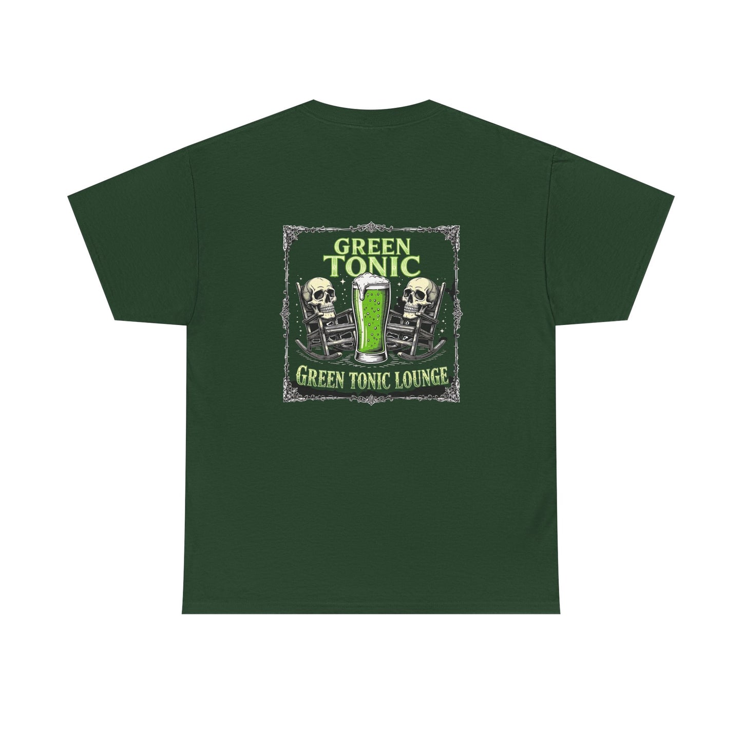 Green Tonic Lounge Tee | Two Skulls | Rocking Chairs | Back of Shirt Graphic Design
