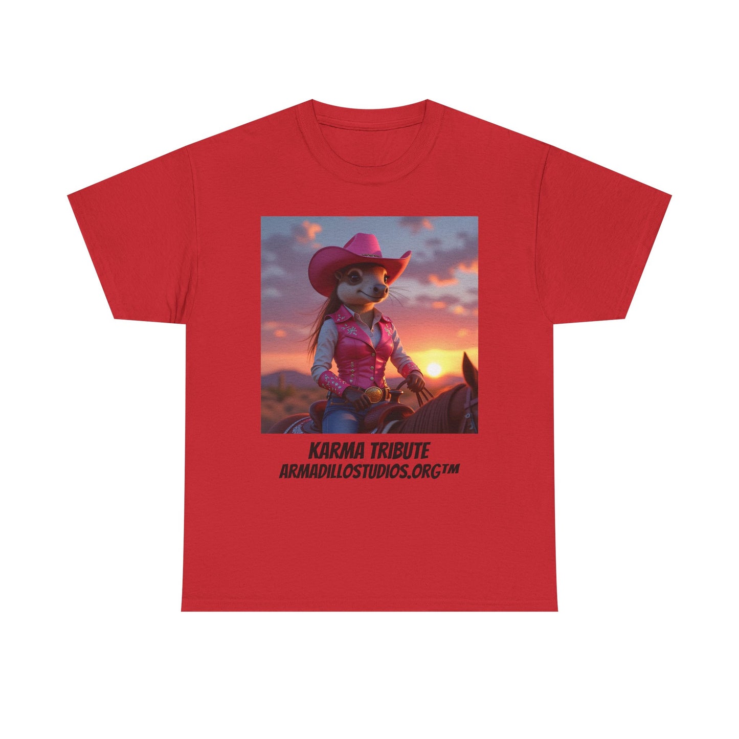 "Karma the Armadillo | Tribute | at sunset Tee Shirt | Her Edition | Western Style | with background"