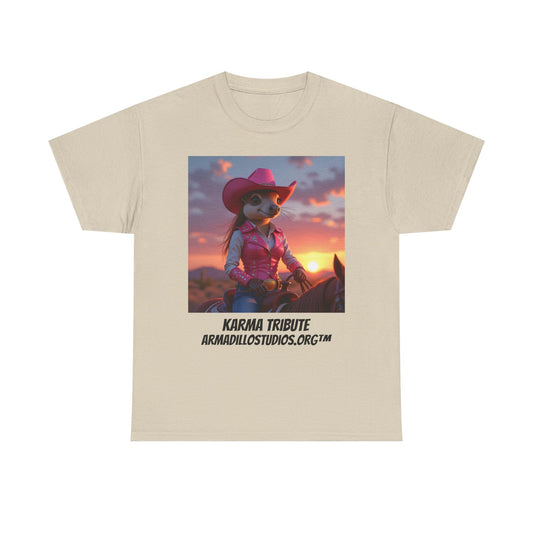 "Karma the Armadillo | Tribute | at sunset Tee Shirt | Her Edition | Western Style | with background"