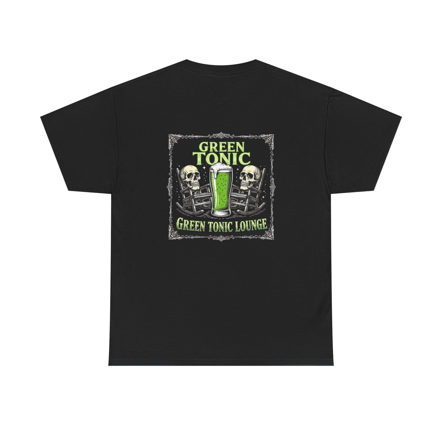 Green Tonic Lounge Tee | Two Skulls | Rocking Chairs | Back of Shirt Graphic Design