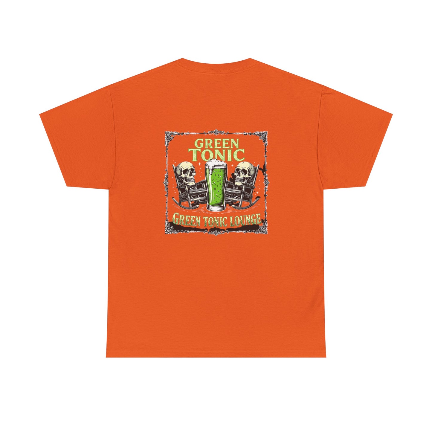Green Tonic Lounge Tee | Two Skulls | Rocking Chairs | Back of Shirt Graphic Design