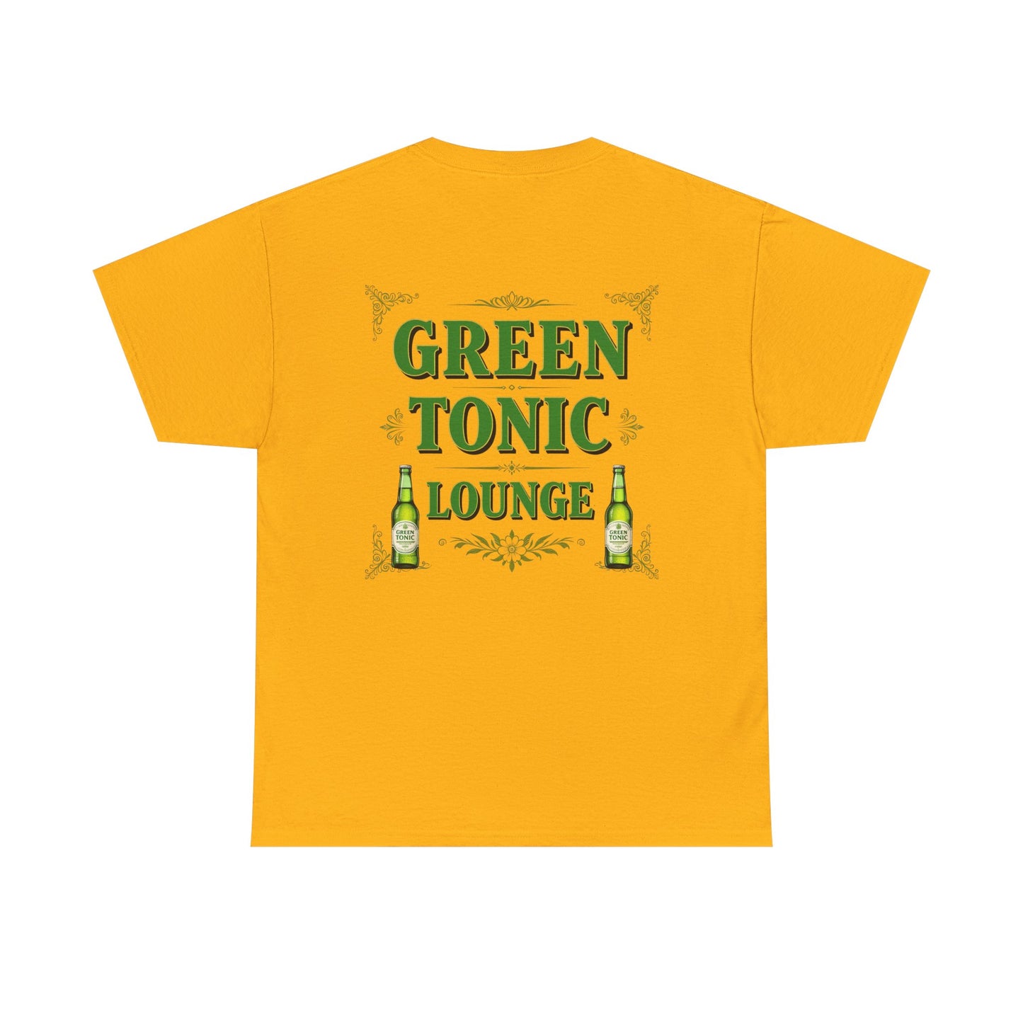 Green Tonic Lounge Tee | Bottles & Logo | Back of Shirt Graphic Design