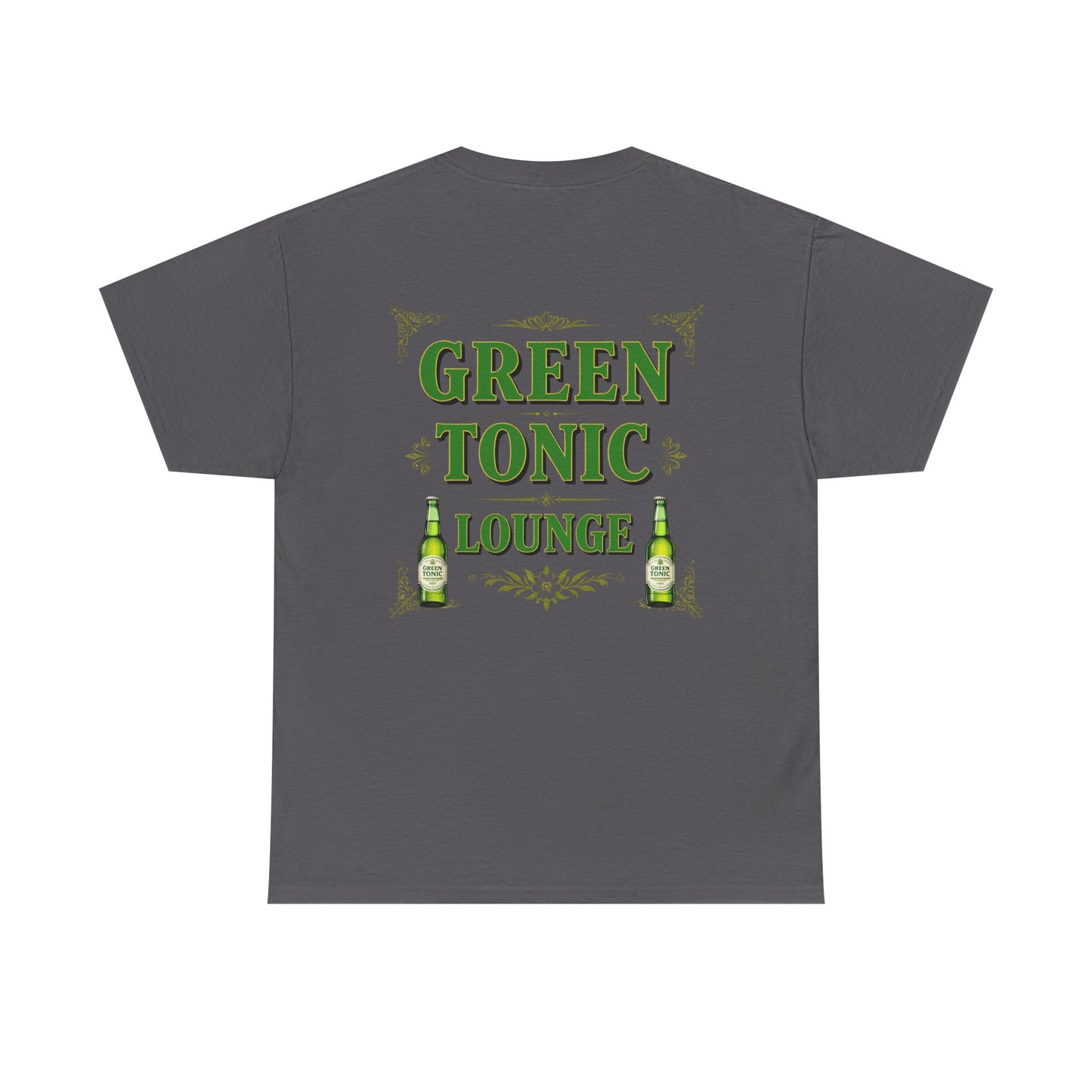 Green Tonic Lounge Tee | Bottles & Logo | Back of Shirt Graphic Design