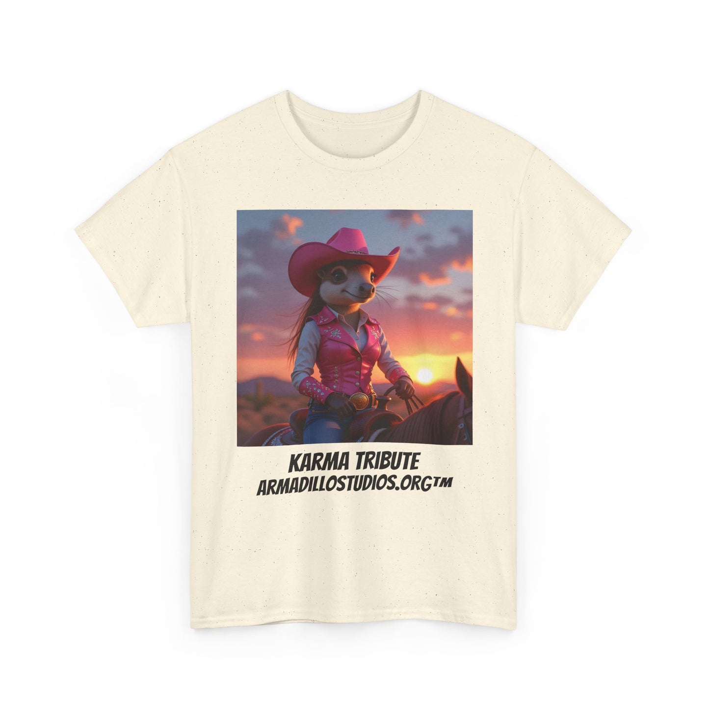 "Karma the Armadillo | Tribute | at sunset Tee Shirt | Her Edition | Western Style | with background"