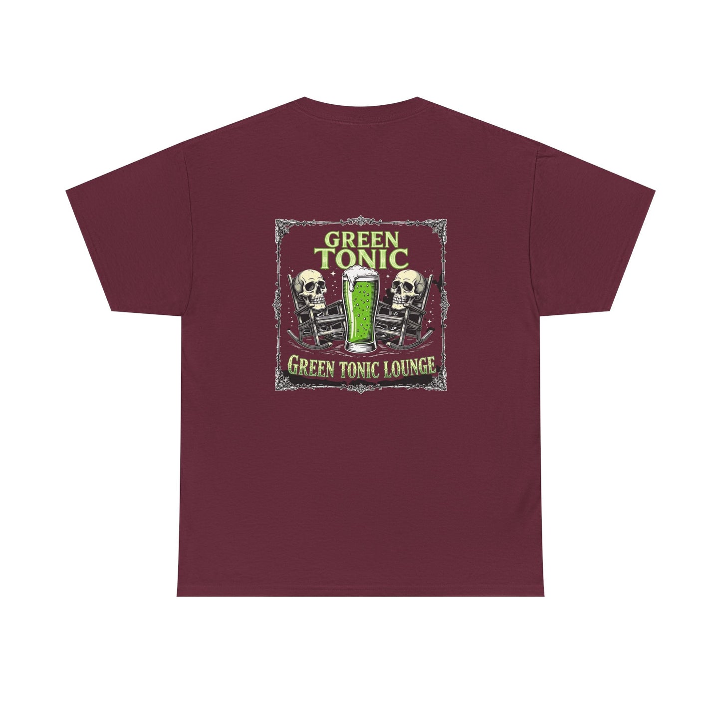 Green Tonic Lounge Tee | Two Skulls | Rocking Chairs | Back of Shirt Graphic Design