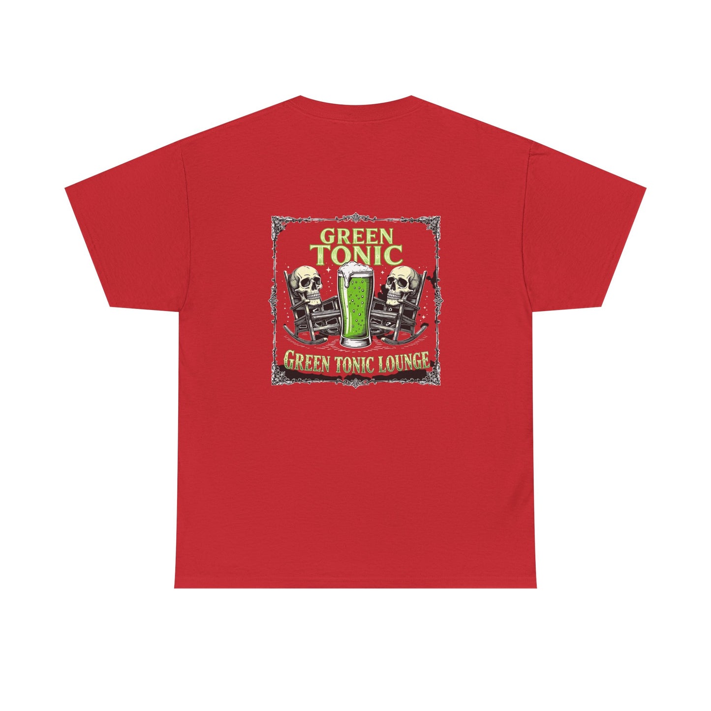 Green Tonic Lounge Tee | Two Skulls | Rocking Chairs | Back of Shirt Graphic Design