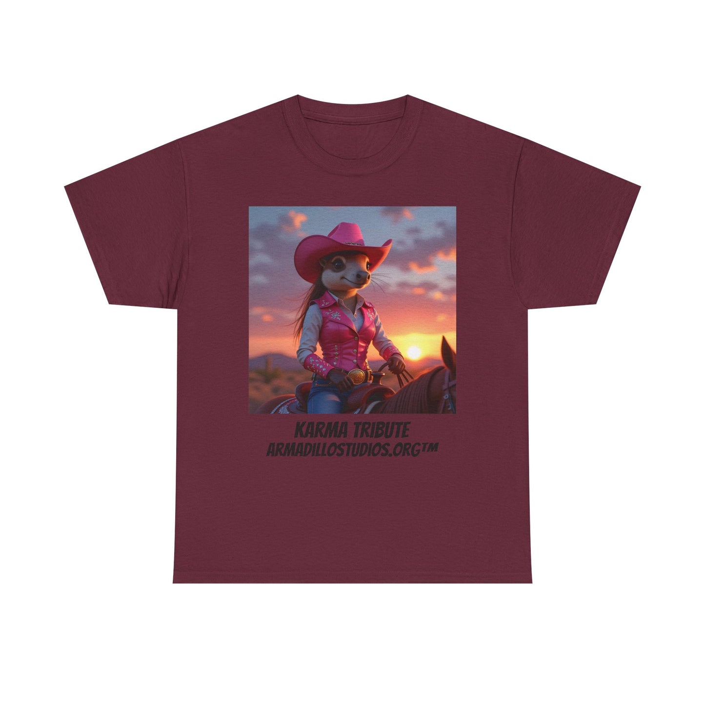 "Karma the Armadillo | Tribute | at sunset Tee Shirt | Her Edition | Western Style / No background"
