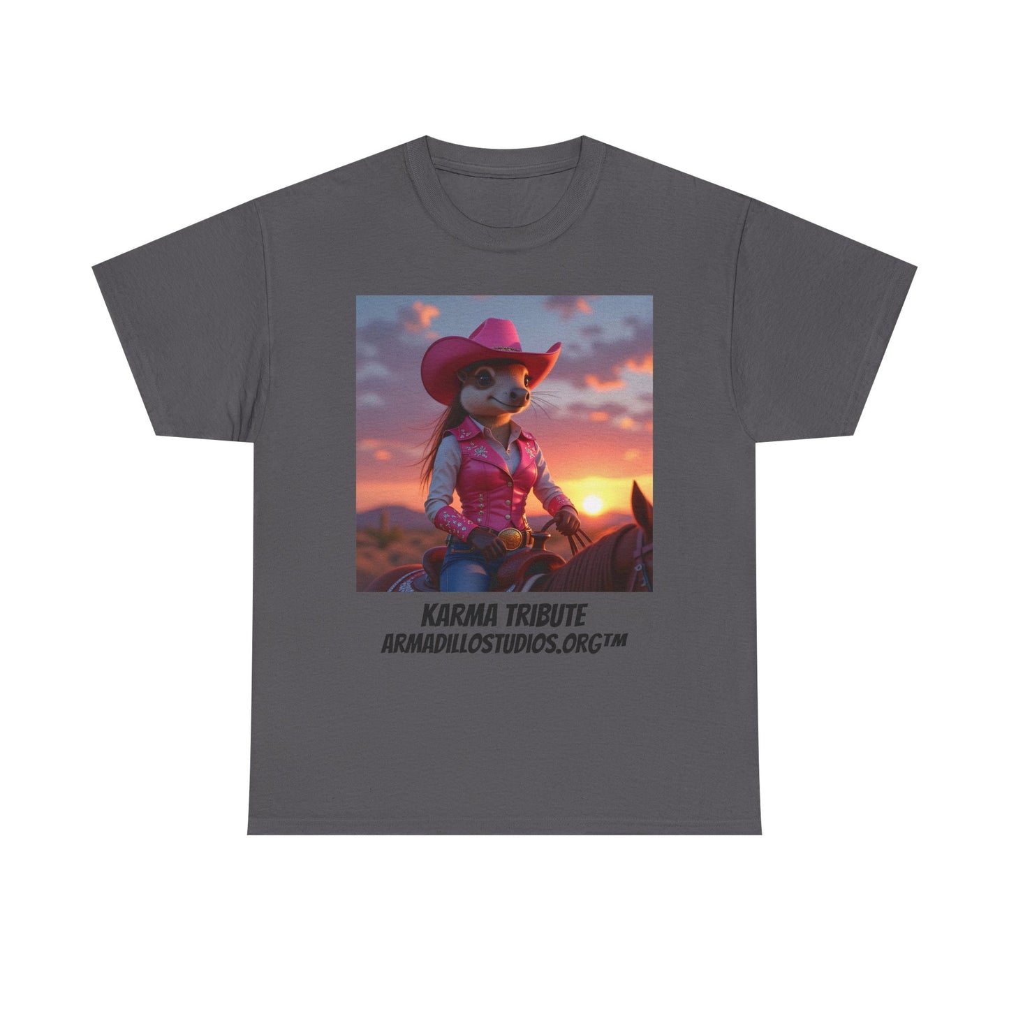 "Karma the Armadillo | Tribute | at sunset Tee Shirt | Her Edition | Western Style | with background"