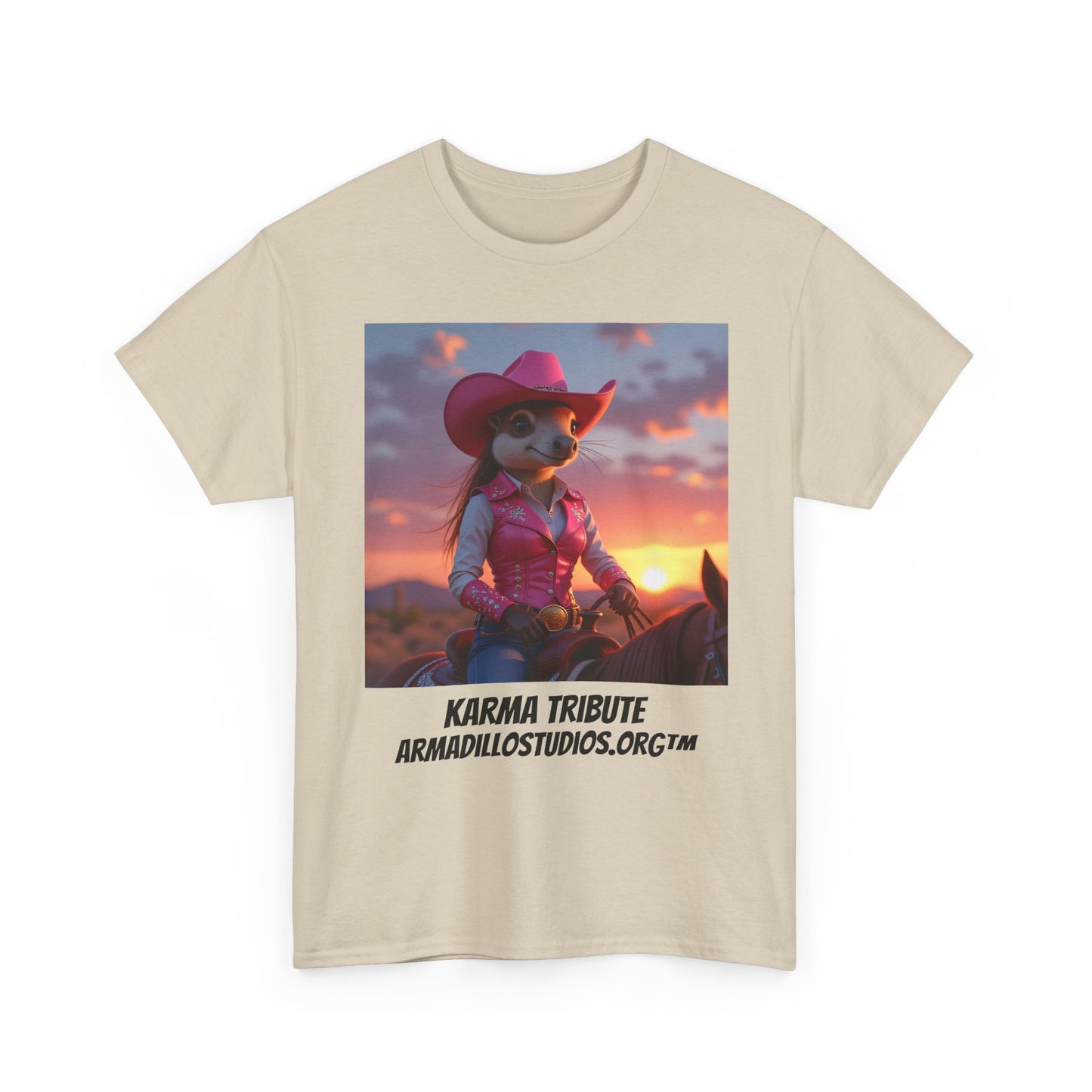 "Karma the Armadillo | Tribute | at sunset Tee Shirt | Her Edition | Western Style | with background"