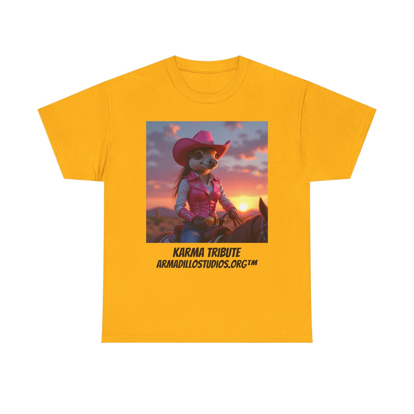"Karma the Armadillo | Tribute | at sunset Tee Shirt | Her Edition | Western Style | with background"
